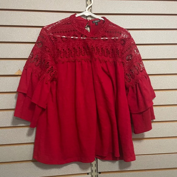 Hannah Tops - Hannah Red Crochet Lace Yoke Tiered Ruffle Sleeve Blouse Top Womens Large
